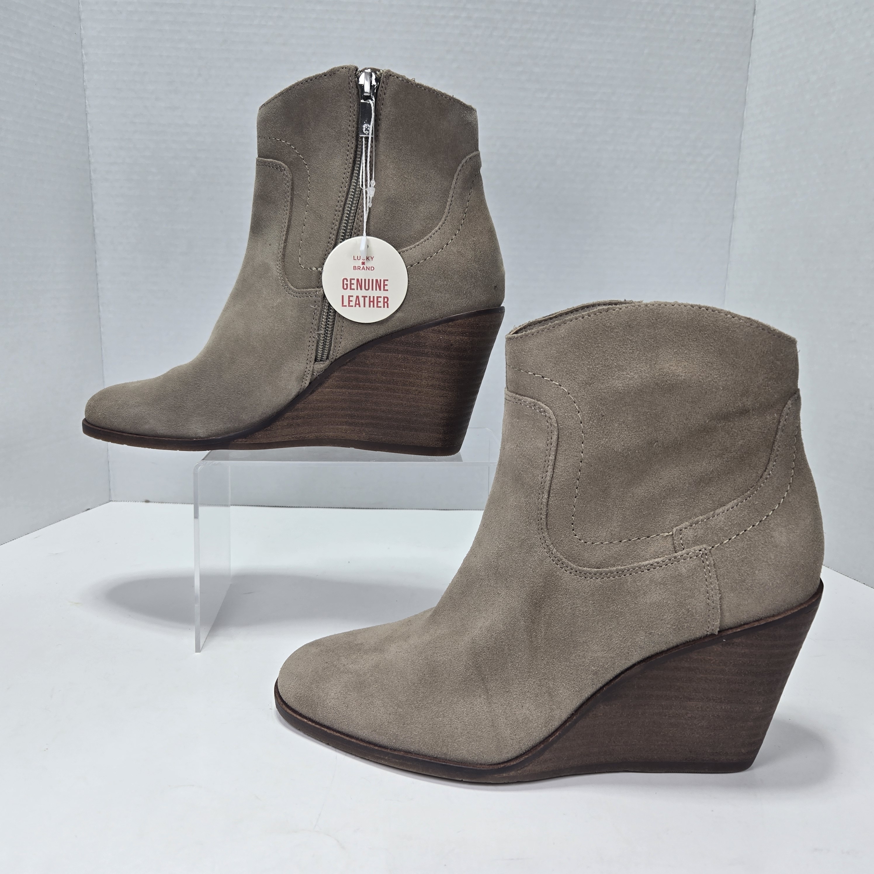 Lucky Brand Wadier Taupe Suede Wedge Ankle Cowboy Boots Booties Women's Size 9